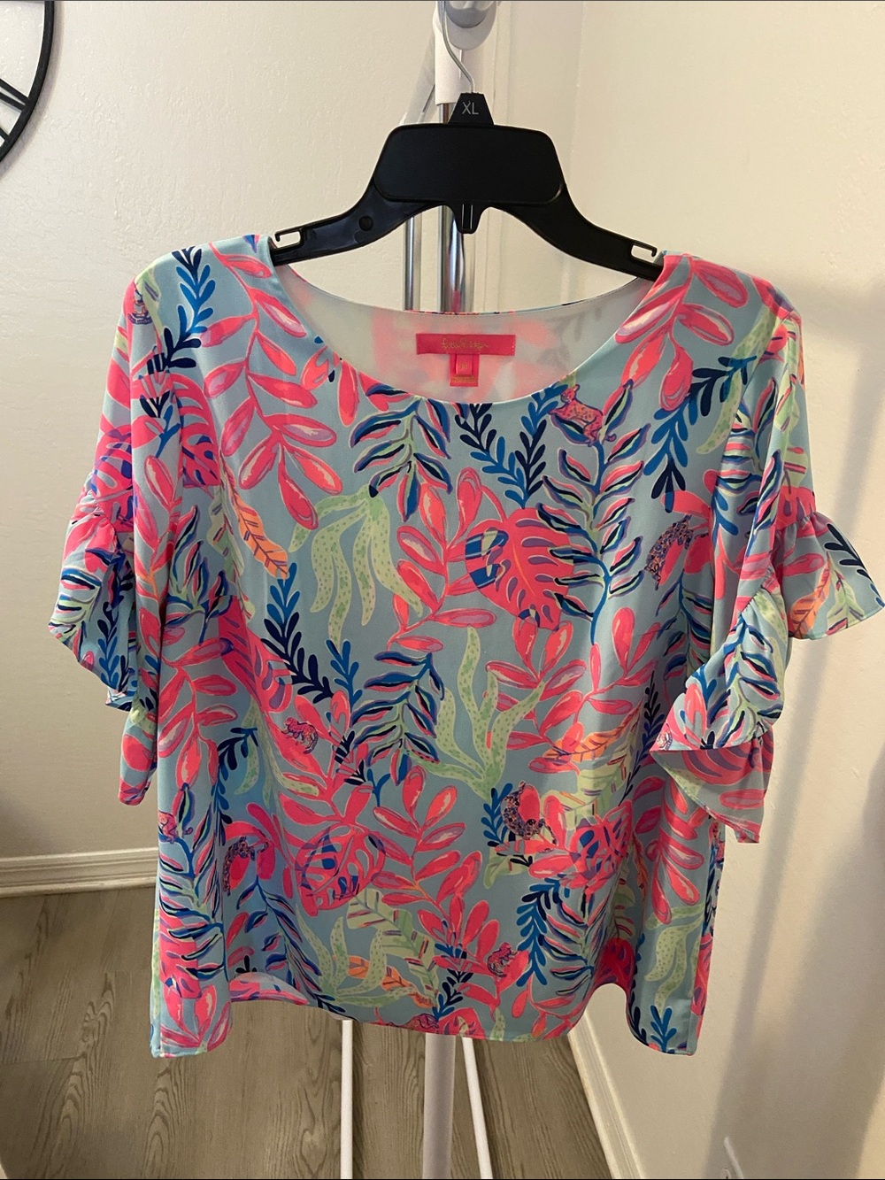 Lilly Pulitzer Tropical Leaf Ruffle Sleeve Top - Pink, Blue, Green